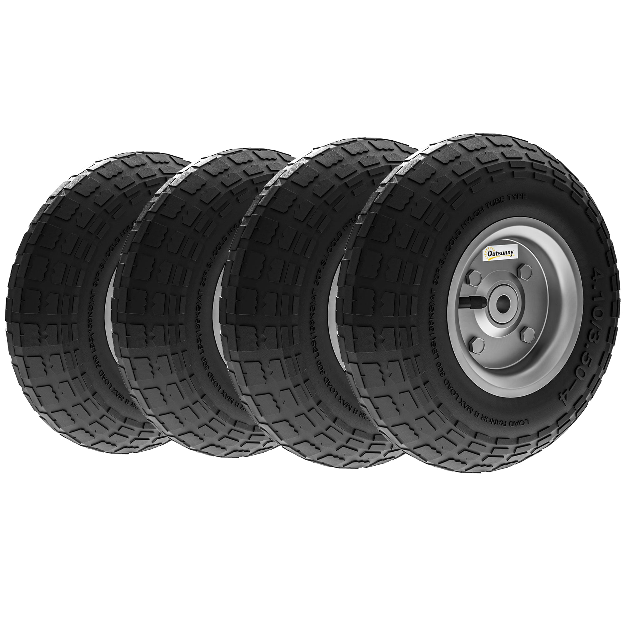 Trillebørhjul, sæt med 4, reservehjul, 80 kg, Ø 255 mm, massivt gummidæk med slange, kuglelejer, sort
