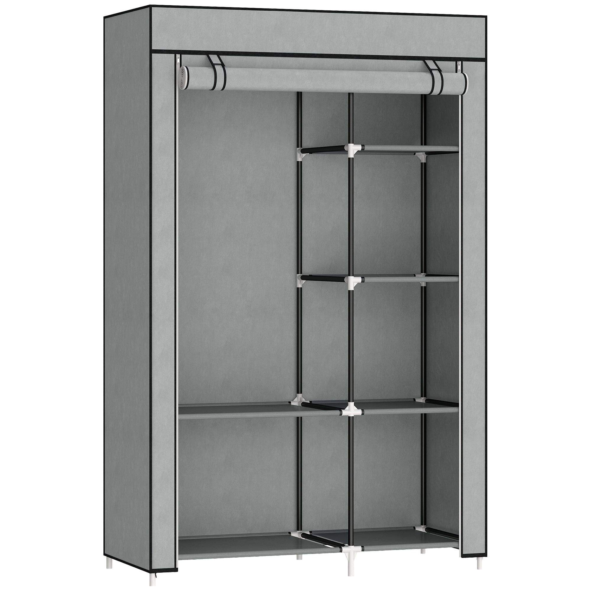 Stofgarderobe, opbevaringsløsning, 6 hylder, 1 garderobestang, lysegrå