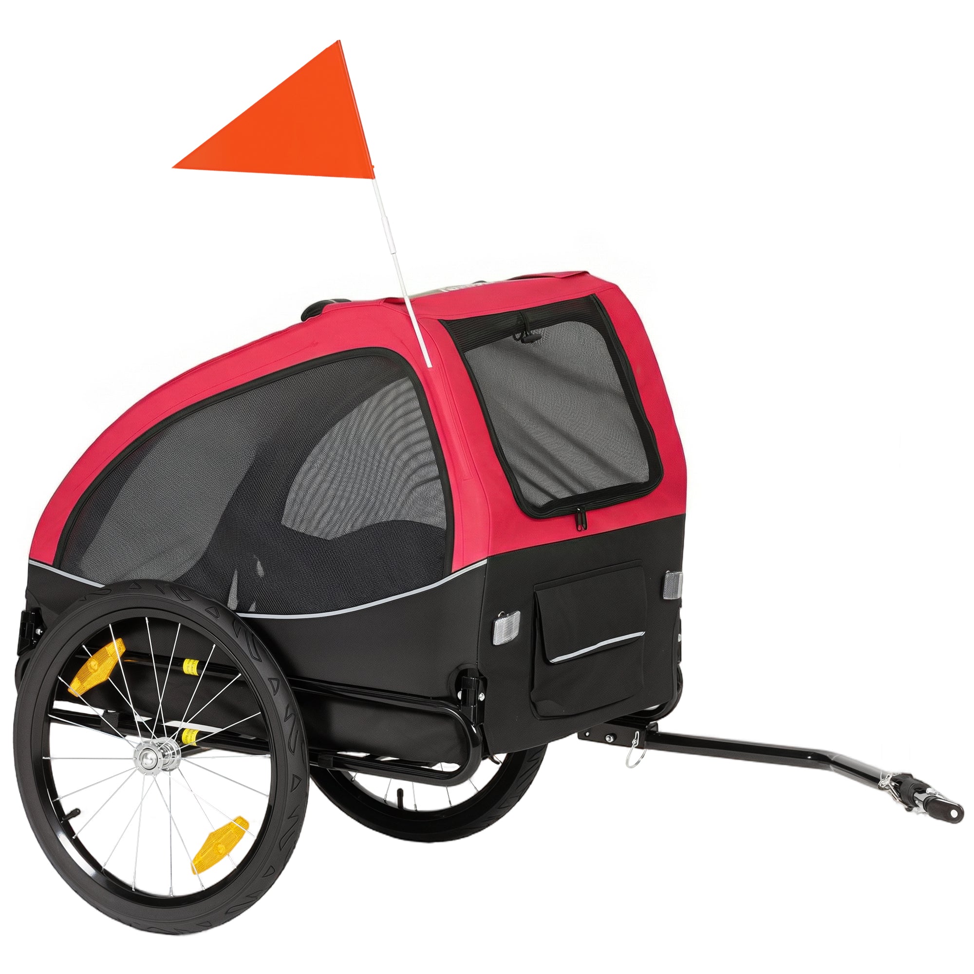 Sammenklappelig hundetrailer med reflekser, netvindue, hjul, dør, sikkerhedsflag til hunde op til 20 kg, 138x70x89 cm, rød