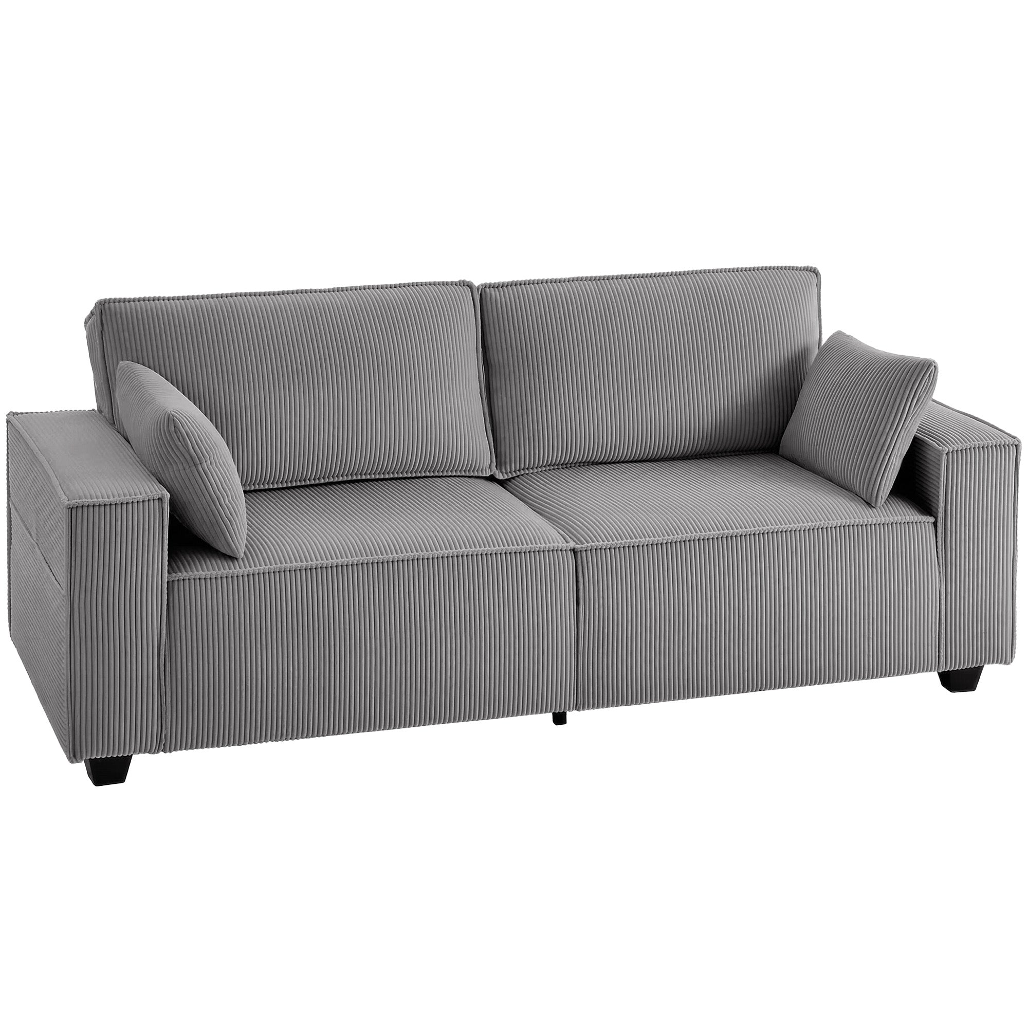 218 cm 3-personers sofa, moderne fløjlssofa med pocketfjederbetræk, brede armlæn og 2 hynder, lysegrå