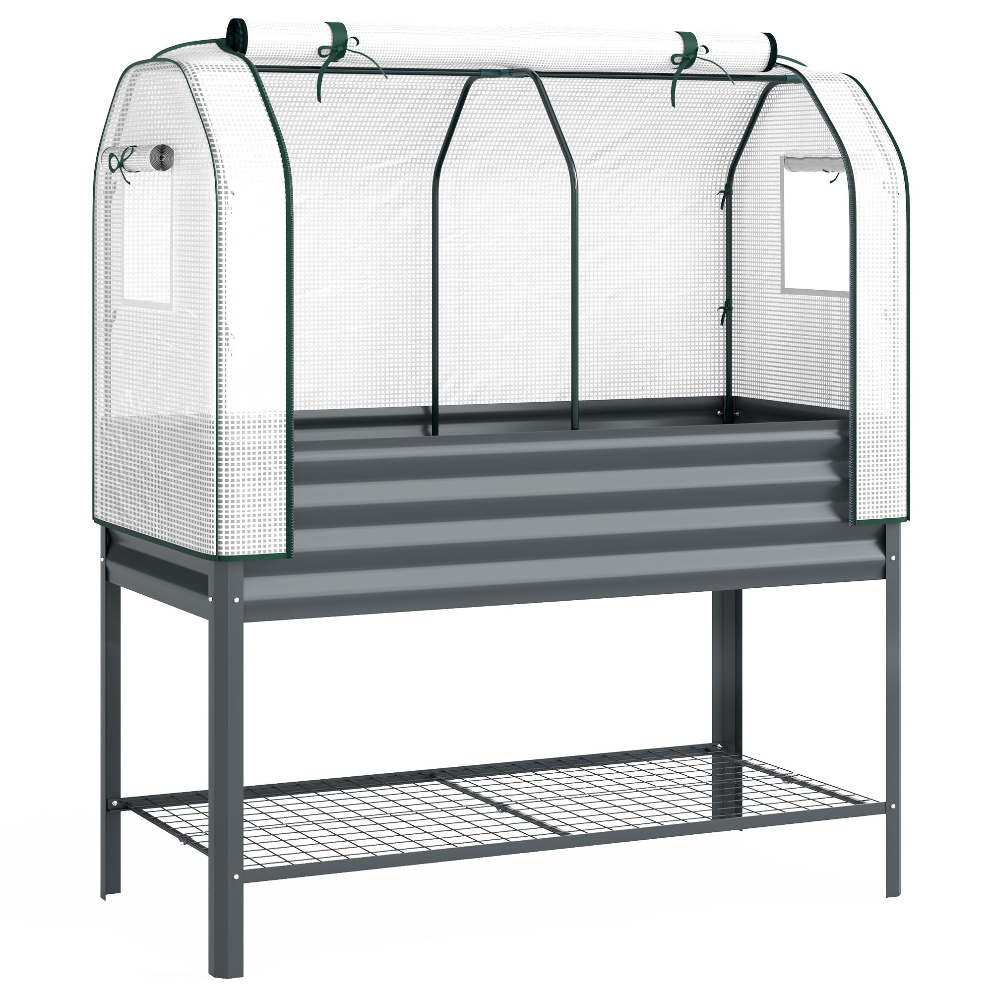 Højbed med metalramme, plantekasse med opbevaringsrum til drivhus, 120 x 55 x 140 cm